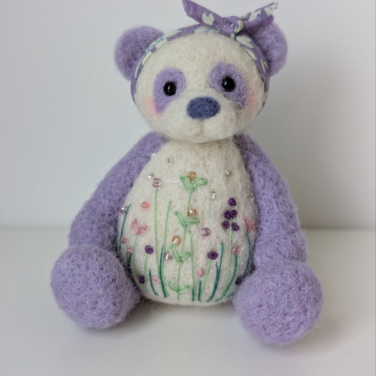 lilac and white panda with embroidered belly and lilac headband