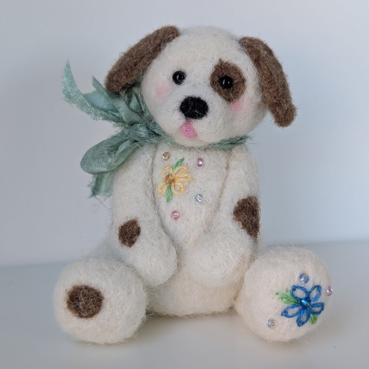 Needlefelted Dog patch, with embroidered florals