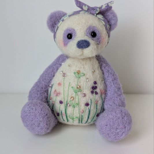 lilac and white panda with embroidered belly and lilac headband