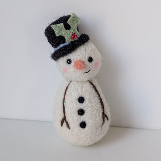 needlefelt snowman with blacktop hat and holly decoration